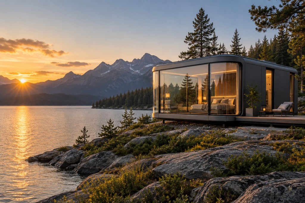 Space capsule on a lakeside site
