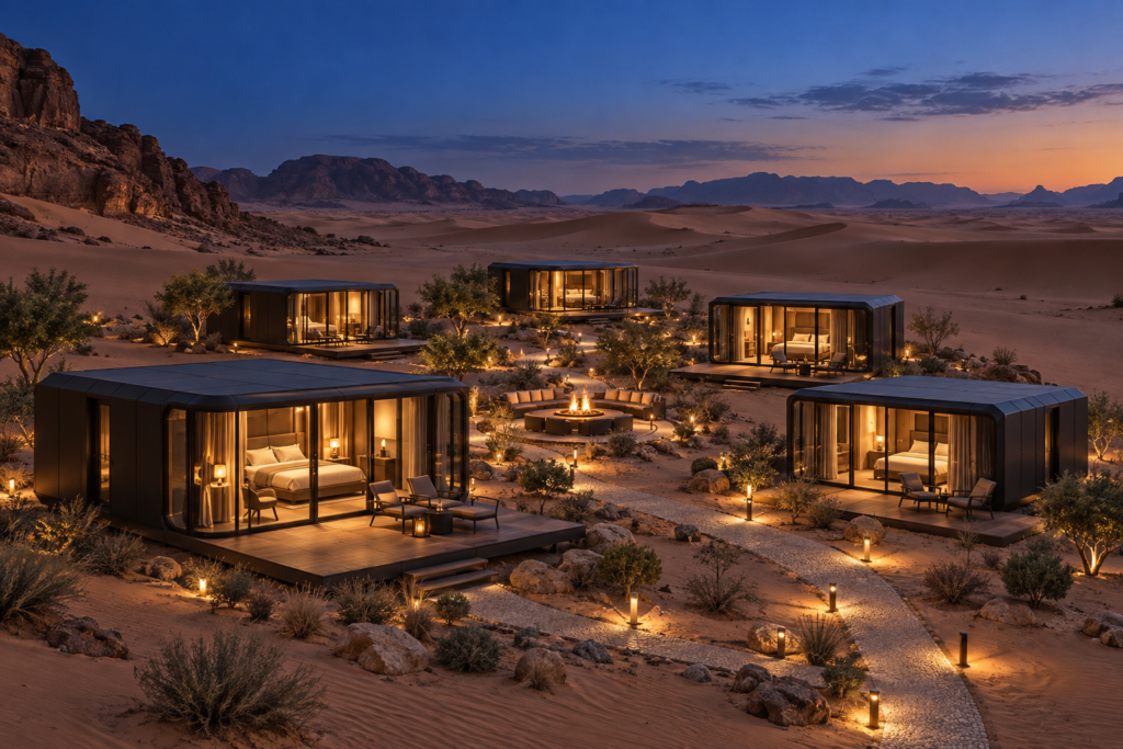 Capsule camp in a desert setting at dusk