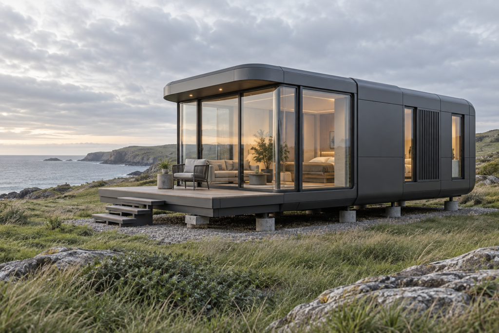 Capsule on a coastal site with a deck