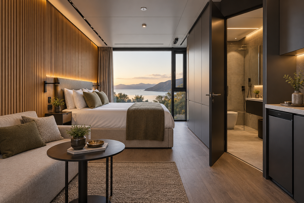 Capsule interior with bedroom and bathroom